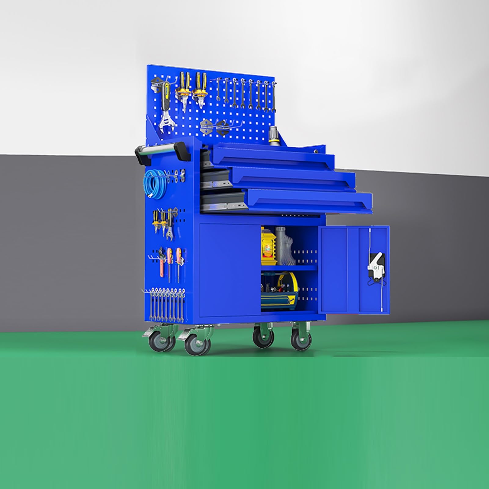 Mobiletto portautensili su Ruote con banco da Lavoro e cassettiera Forata - Carrello di Servizio Blu Resistente per Officina, Ideale per riparazioni e progetti Fai da Te.