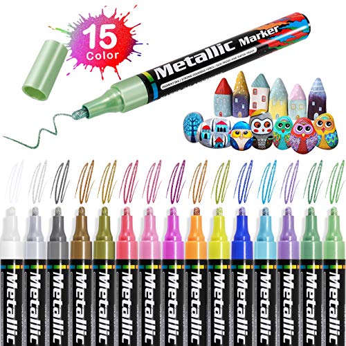 Gafild Acrylstifte Metallic Marker Stifte, 15 Farben Metallic Pinselstifte Set 3mm Permanent Metallischen Marker Pens für Glas, Keramik, Stein, Holz, DIY Fotoalbum Gästebuch, Hochzeit, Kürbis