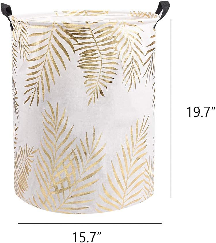 UUJOLY Collapsible Laundry Basket, Laundry Hamper with Handles Waterproof Round Cotton Linen Laundry Hamper Printing Household Organizer Basket, 19.7x15.7 inches (Gold leaf)