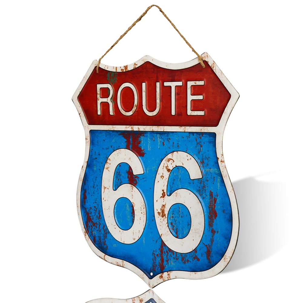 Vintage Route 66 Wall Sign, Decorative Metal Shield Design, Rustic Home Decor with Rope Hanger (Blue)