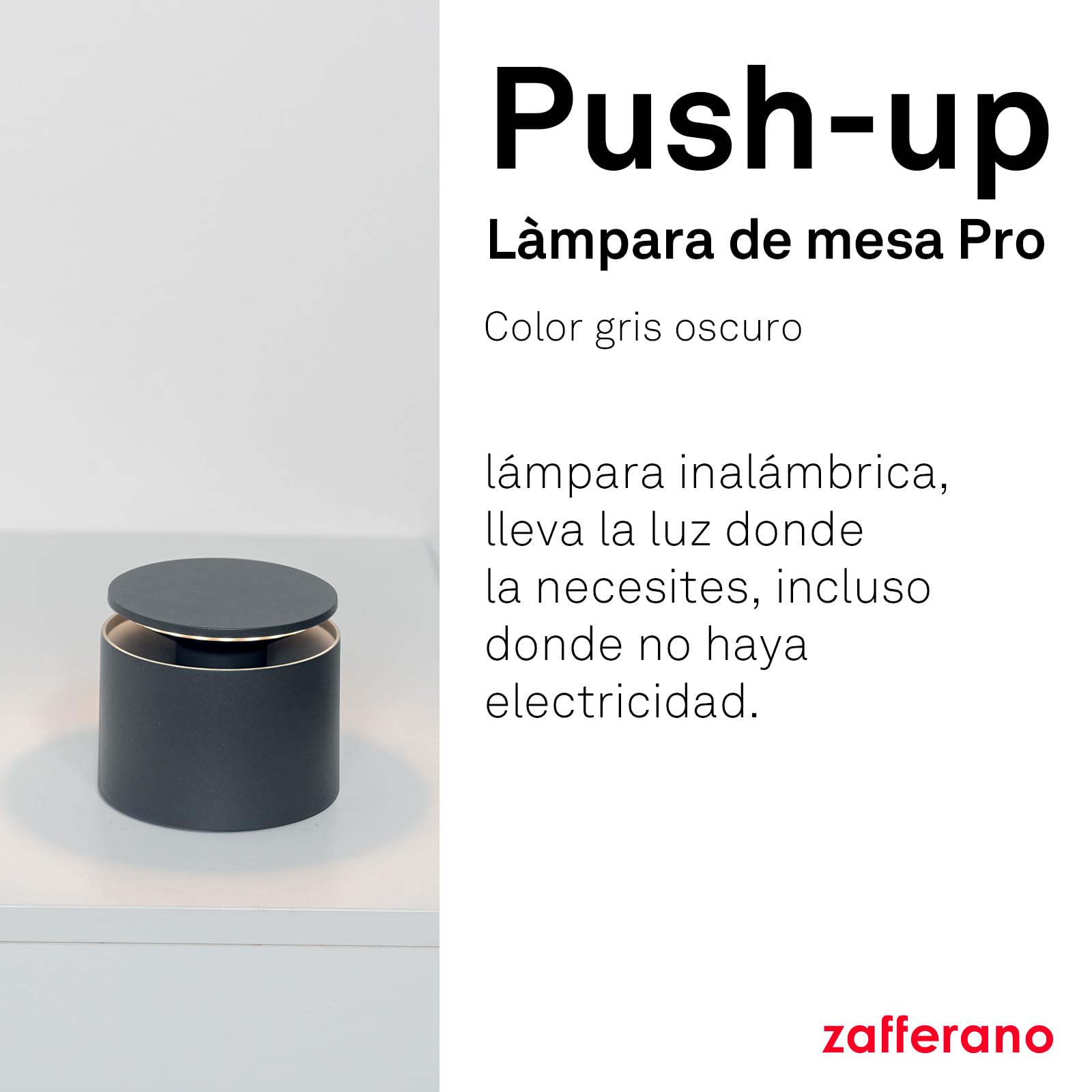 Zafferano, Lámpara Push-Up, Lámpara de Mesa Recargable e Inalámbrica con Control Táctil, Adecuada también como Lámpara de Exterior, Atenuador, 2200-3000 K, Altura 80-100 cm, Color Gris Oscuro