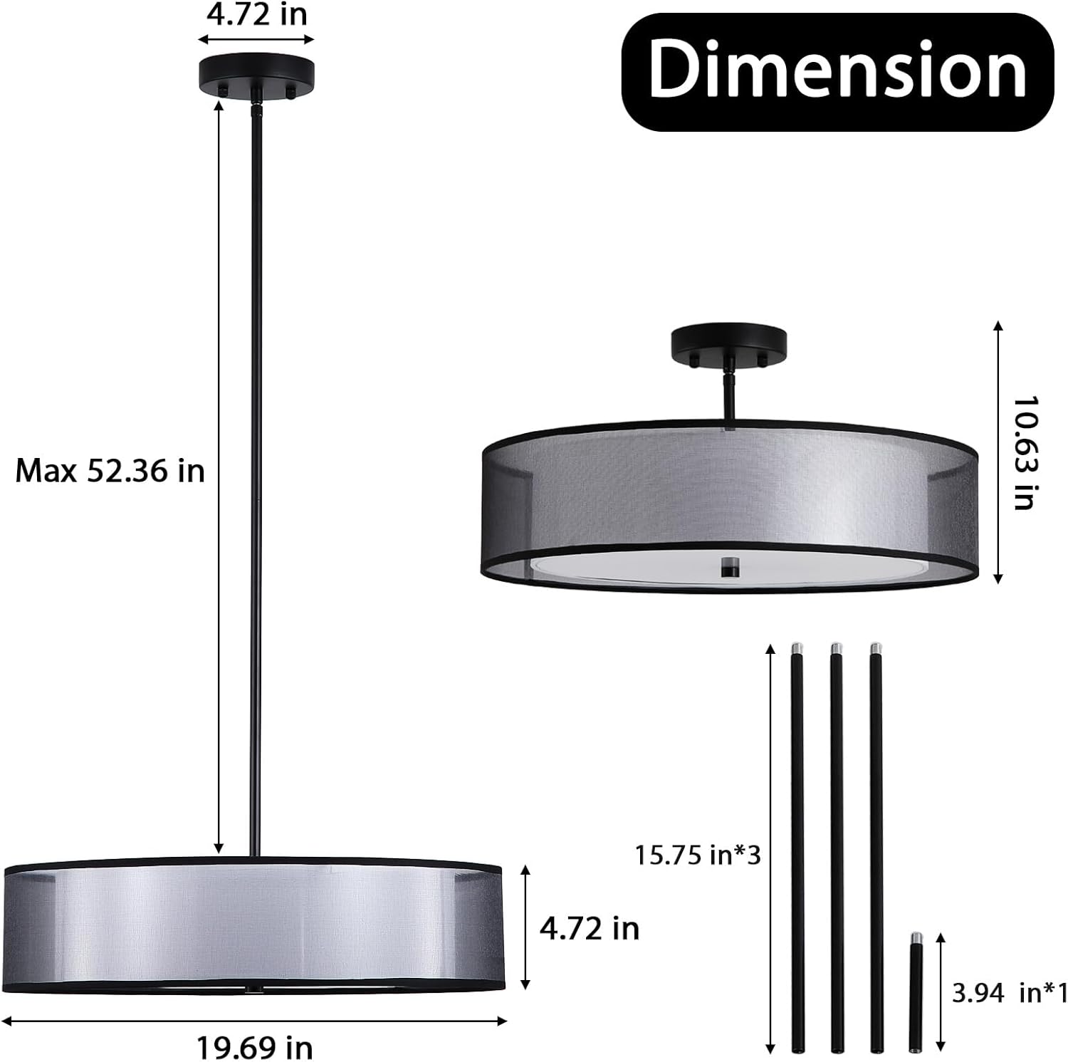 20 Inch 3-Light Black Drum Chandelier, Modern Pendant Light Fixture with Double Drum Fabric Shade Glass Diffuser, Adjustable Large Hanging Lighting for Dining Room Living Room Bedroom Modern Elegant