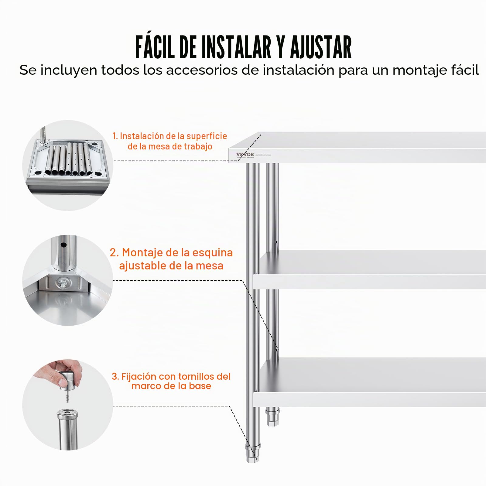 VEVOR mesa de Preparación de Alimentos 356x1524x864 mm Trabajo de Cocina Comercial Acero Inoxidable 2 Estantes Inferiores Ajustables Parrilla, Cocina, Hogar