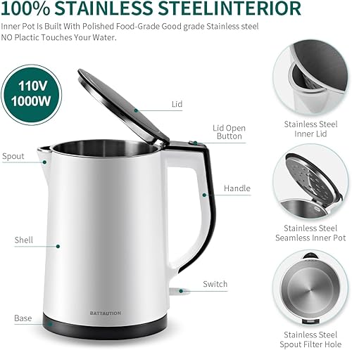 Miniatura 2 de Hervidor de agua caliente eléctrico, 1.5 litros 1000 W hervidor instantáneo para hervir agua caliente con acero inoxidable doble pared blanca