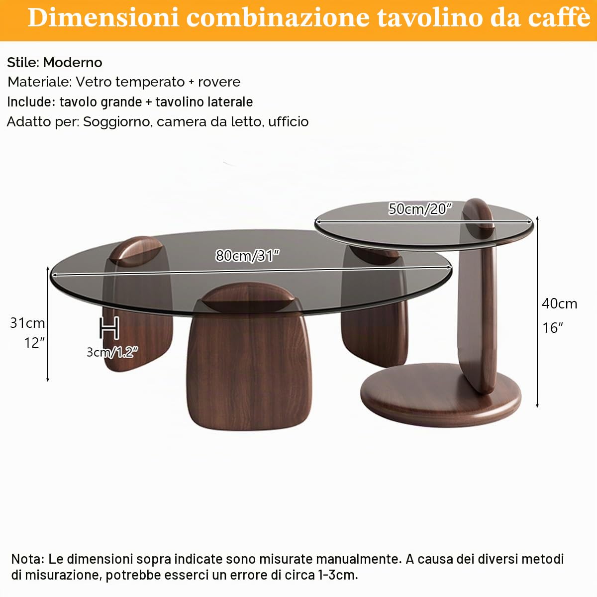 Tavolini da Salotto Legno E Vetro, Tavolini da Salotto Moderni Rotondi, Tavolino Rotondo Set Di 2 Per Soggiorno, Camera da Letto-Facile da Montare(Brown-B,80+50cm/31+20in)