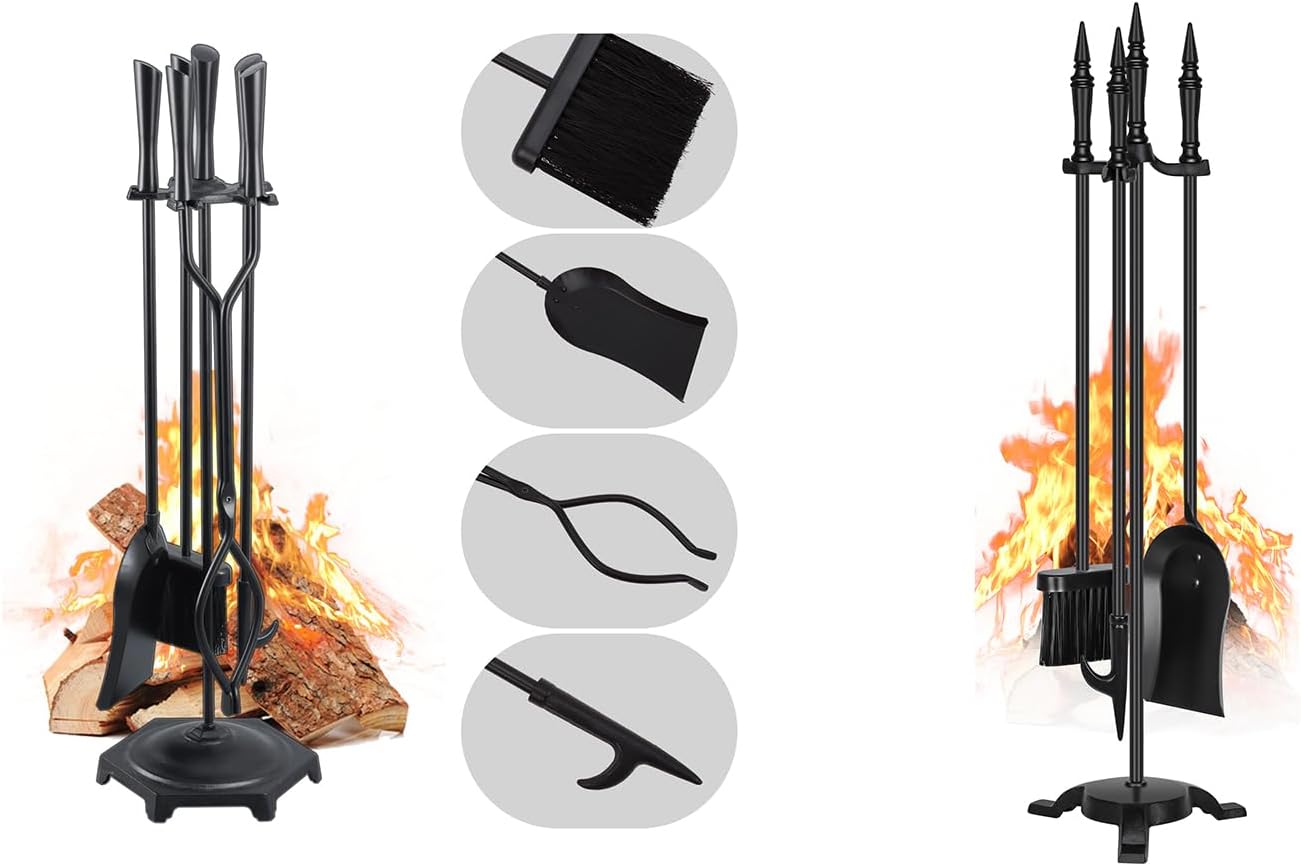 FEED GARDEN Fireplace Tools Set 4 Pieces, 31 Inch and Fireplace Tools Set 5 Pieces Modern 32 Inch