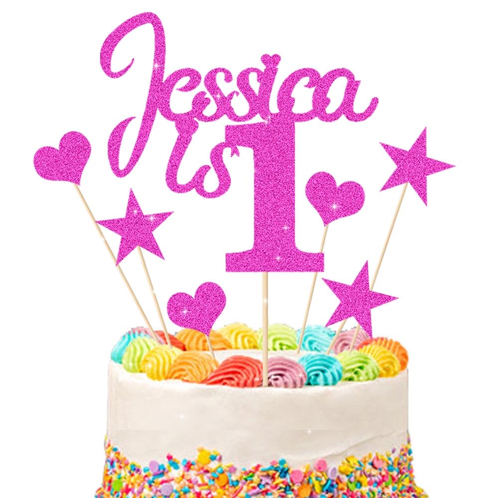 1st Birthday Cake Topper | Personalised 1 2 3 Cake Topper | Happy Birthday Decorations | Double Sided Glitter Card Any Name Age Customized - Multicolour Glitter Cake Decoration(Pink)