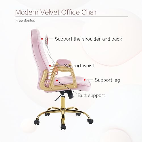 Miniatura 5 de Silla de oficina en casa de terciopelo con brazos y patas dorados, cómoda silla de escritorio giratoria tapizada y capitonada, cómoda con ruedas