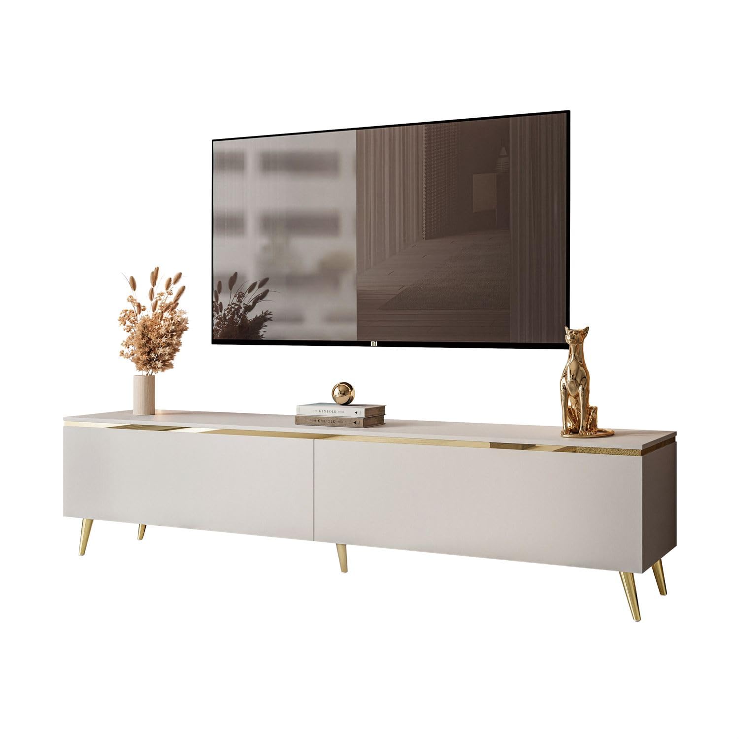Lookway TV-Schrank Aurora Kaschmir Matt 180 cm Hängeschrank Oder Auf Füßen Gold Dekorative Leiste Mit LED-Option Modernes Wohnzimmermöbel (ohne LED Beleuchtung, Stehend- schräge Gold Chrom Beine)