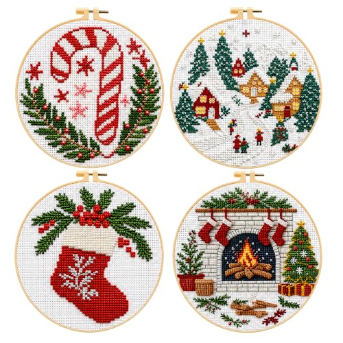 Zhenqing 11 Count Stamped Cross Stitch Kits for Adults Beginners Hand Embroidery Christmas Ornaments kit with Instructions Embroidery Hoops Christmas Stocking-Four-Piece Set(68446)