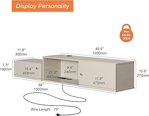 Miniatura 4 de WAMPAT Soporte de TV flotante con estación de carga, centro de entretenimiento montado en la pared con luz amarilla con almacenamiento, centro de