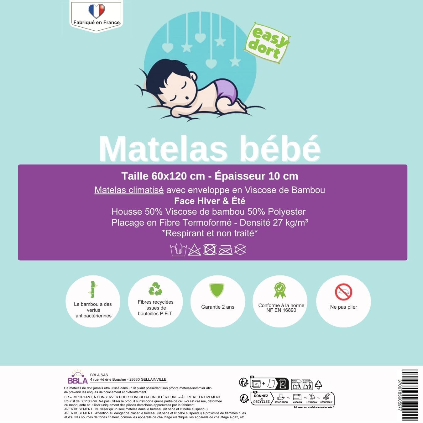 Easy Dort Podwójny klimatyzowany materac 60 x 120 cm do łóżeczka dziecięcego Łóżko parasolowe Grubość 10 cm Zdejmowany Wyprodukowano we Francji
