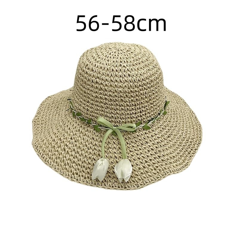 Sombrero de Paja de ala Ancha Transpirable de Verano para Mujer,Sombrero de Paja Tejido con Protección UV y Decoración de Tulipán,Sombrero de Playa Ligera para Jardín,Viajes y Exteriores