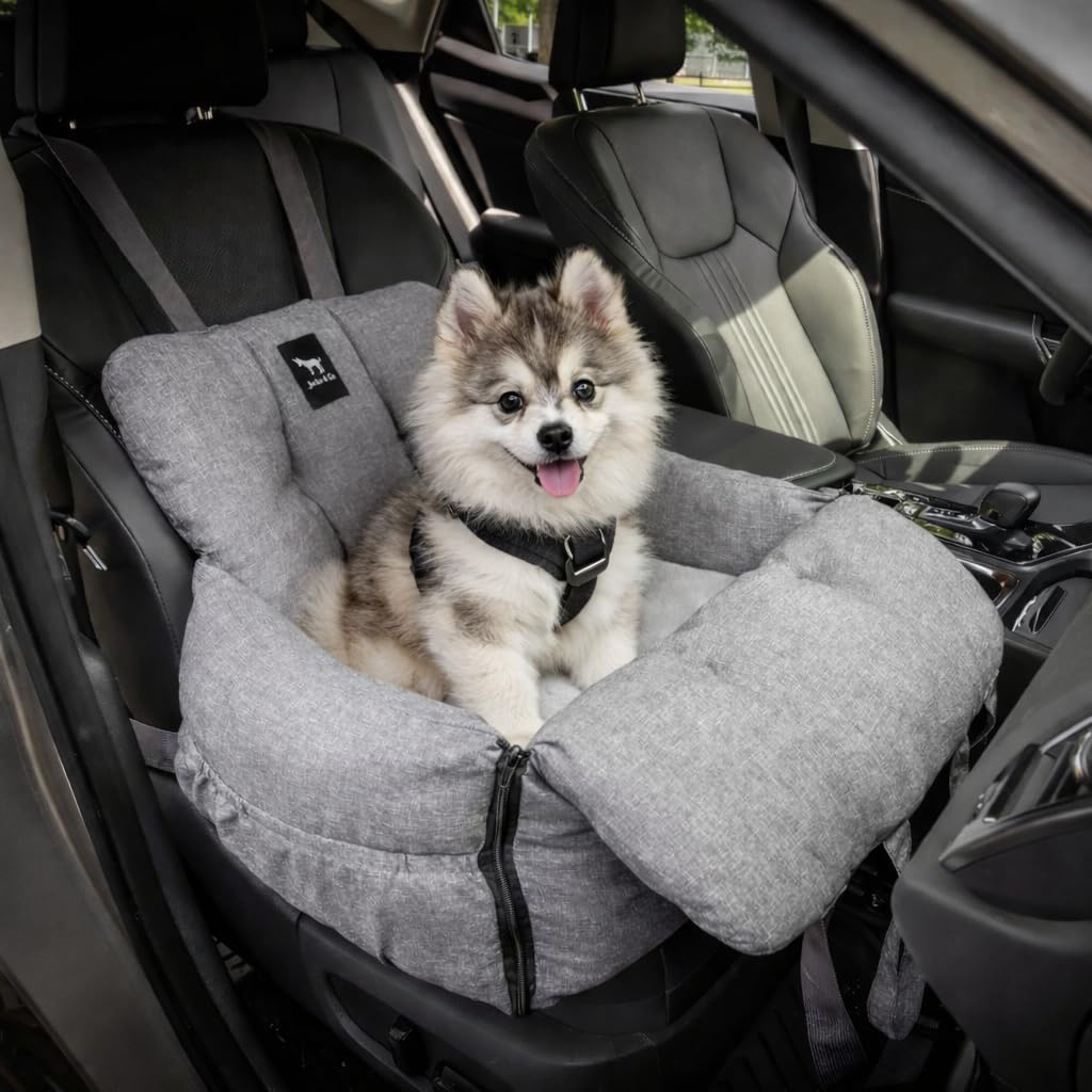 Photo 1 of JACKO & CO Premium Dog Car Seat – Safe & Cozy Travel Bed Carrier for Small Dogs, Puppies, Pets, Clip-On Leash, Storage Pockets, Water-Resistant, Machine Wash (Grey, Removable - Medium (1-25lbs))