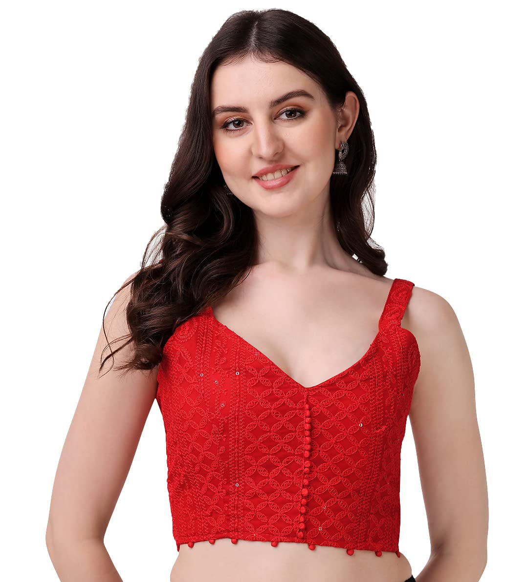 Pujia Mills Women's Embroidery Sleeveless Blouse (Lakhnavi 4_Red_38)