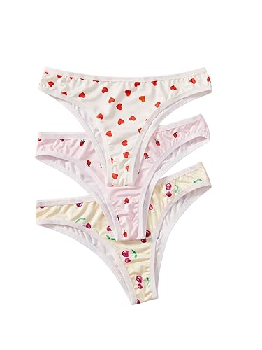 WDIRARA Women's 3 Pack Cute Graphic Panties Set Lace Trim Low Rise Comfy Thong Underwear - Small - White Red