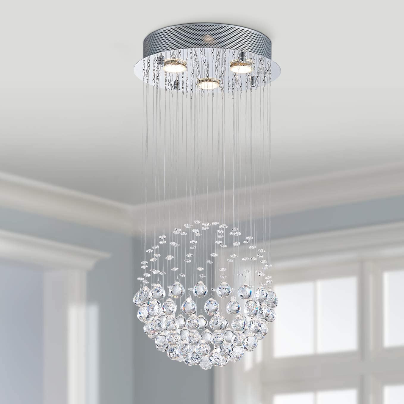 Bestier Modern Crystal Round Raindrop Chandelier Lighting Flush Mount LED Ceiling Light Fixture Pendant Lamp for Diningroom Bathroom Bedroom 3 GU10 Bulbs Required 12.6 in Wide 25.6 inch High