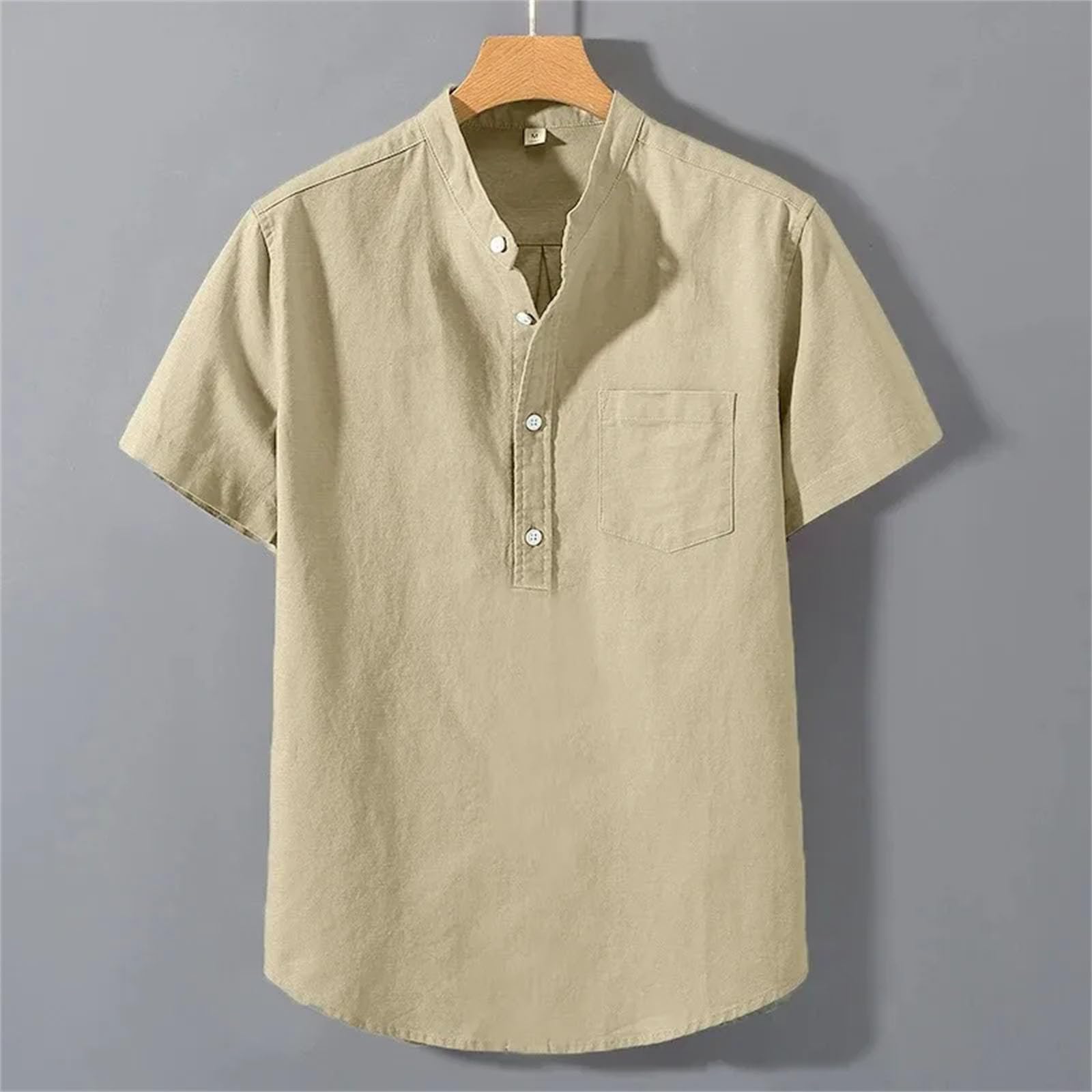 Camisa de algodón de manga corta con cuello alto para hombre, color liso, transpirable, holgada, básica, con bolsillos, estilo casual