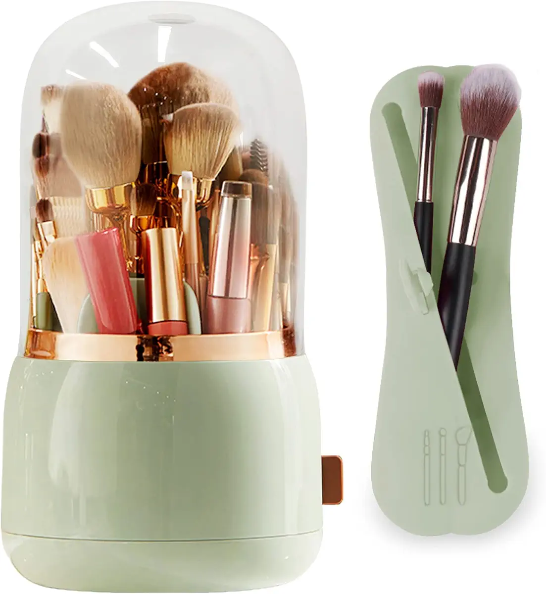 MUFMUF 2Pack Makeup Brush Holder,360 Rotating Acrylic Makeup Brush Organizer with Lid,Spinning Makeup Storage Container,Comes with a Travel Silicone Makeup Brushes Holder (Light green)