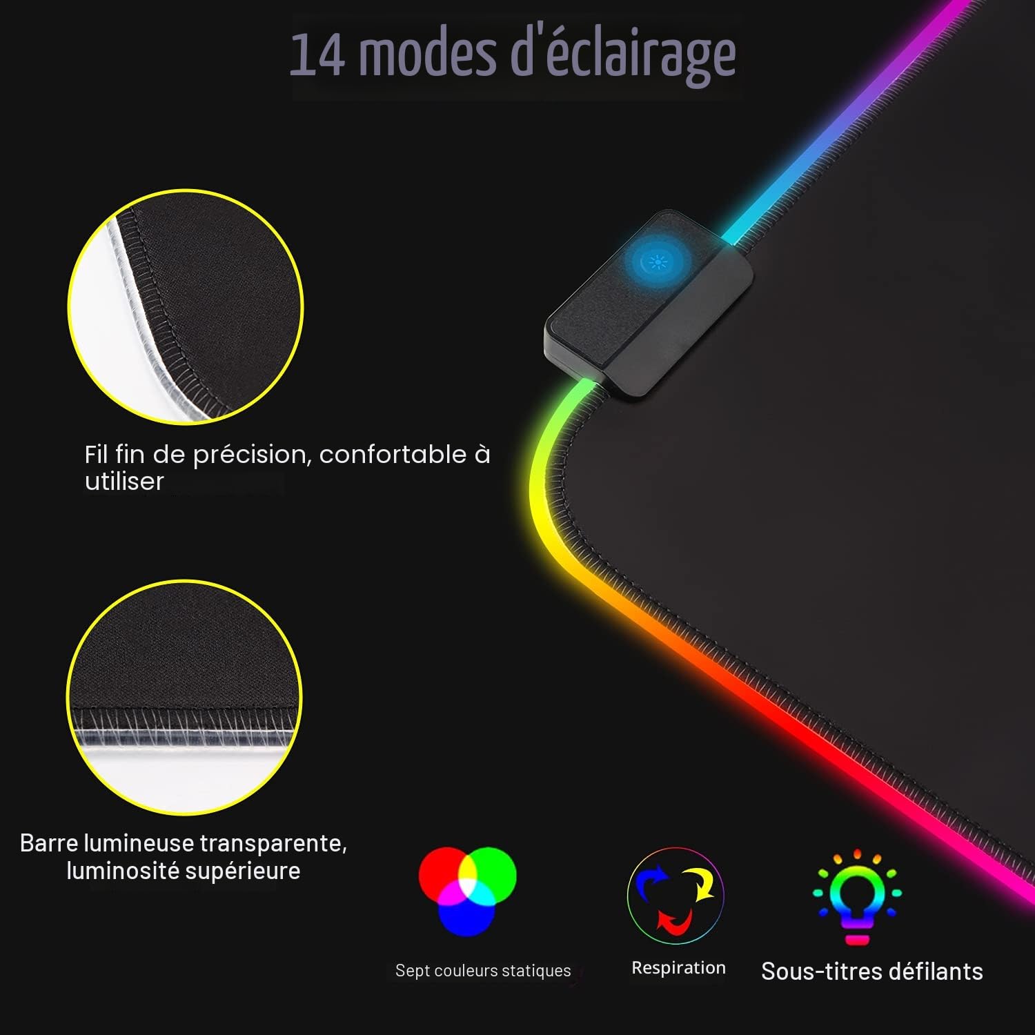 Tapis de Souris Gaming RGB XXL 800 x 300 mm, 14 Effets LED, Étanche, Antidérapant