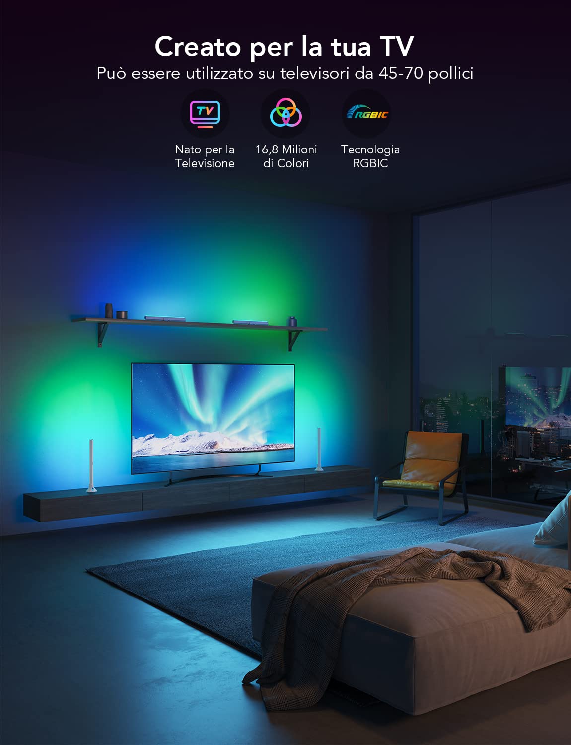 Govee Smart LED Light Bars, WiFi da 15 Pollici con Doppie Perle Luminose, Barre Luminose con Diverse Opzioni Adatte a TV da 45-70 pollici, Funziona con Alexa e Google Assistant, Colore Bianco