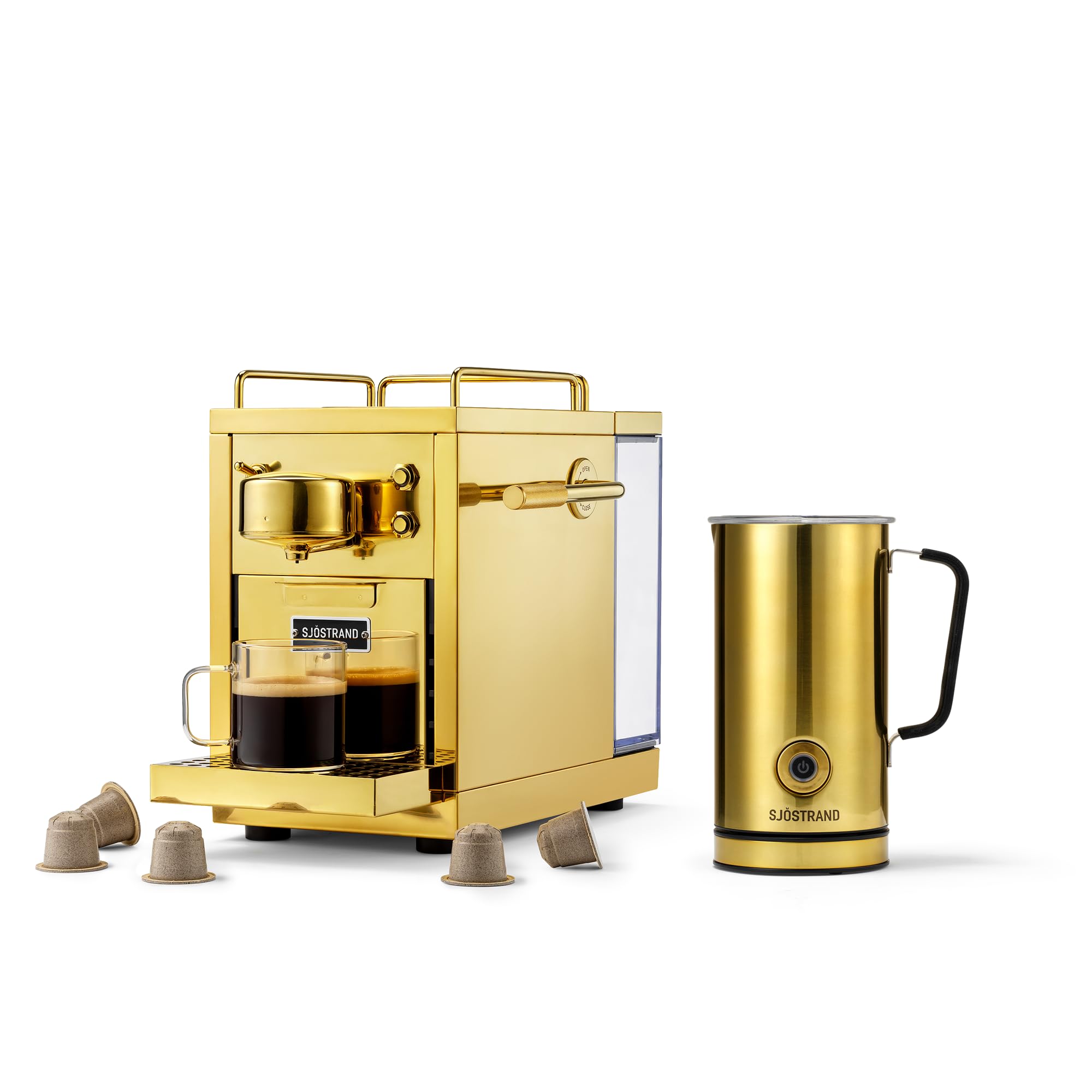 Sjöstrand The Original 2 zestaw spieniaczy do mleka – kompatybilny z Nespresso®, obudowa ze stali nierdzewnej z mosiężnym wykończeniem, skandynawskie wzornictwo