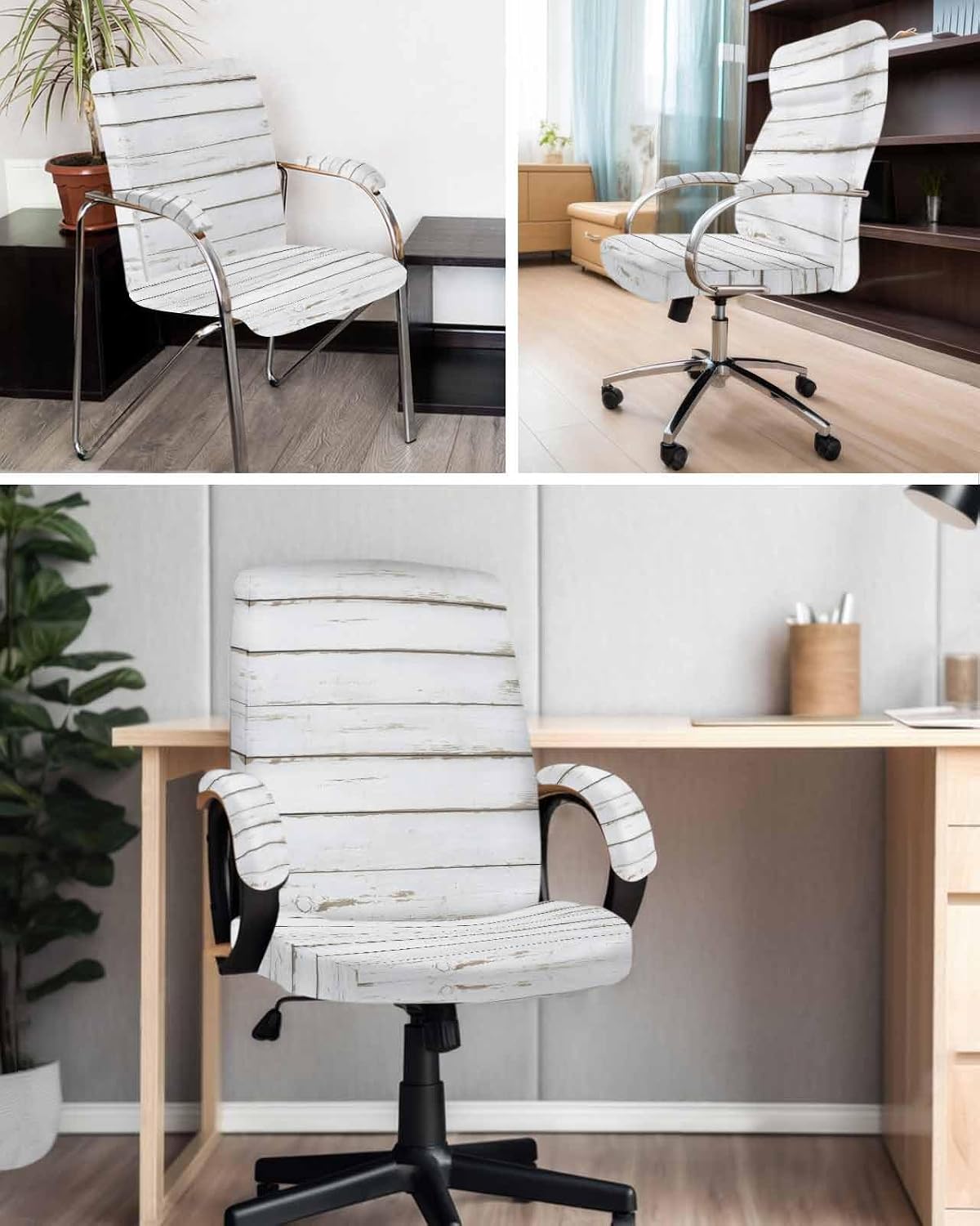 White Wood Grain Office Chair Covers with Armrest Covers, Rotating Chair Cover, Vintage Farmhouse Wooden Board Armchair Slipcovers Decorative Backrest Seat Protectors, Large