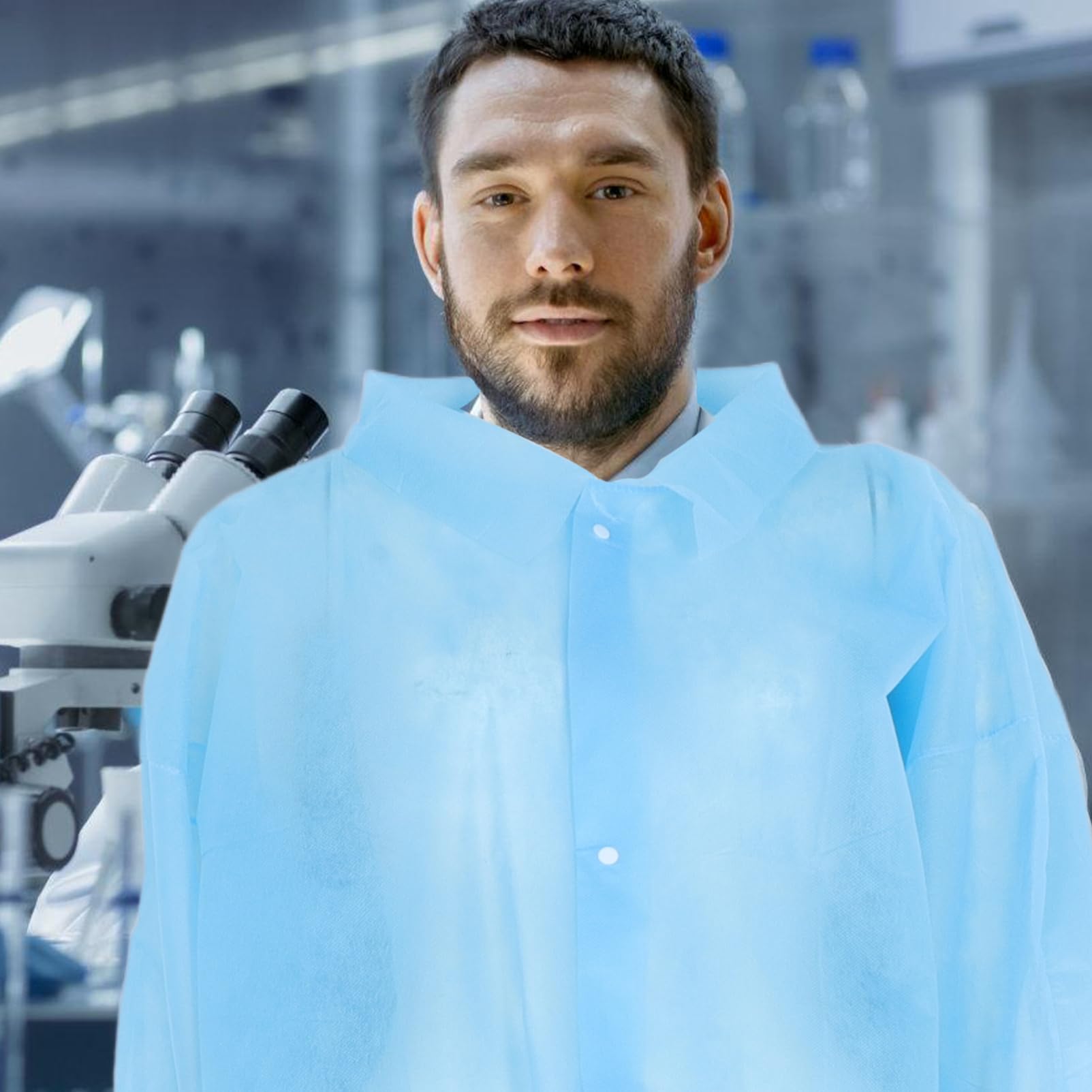 OUNONA 10 Camici da Laboratorio Monouso Non Tessuto Blu, Bottoni Comodi, per Ambienti di Lavoro, Confezione da 10 Pezzi