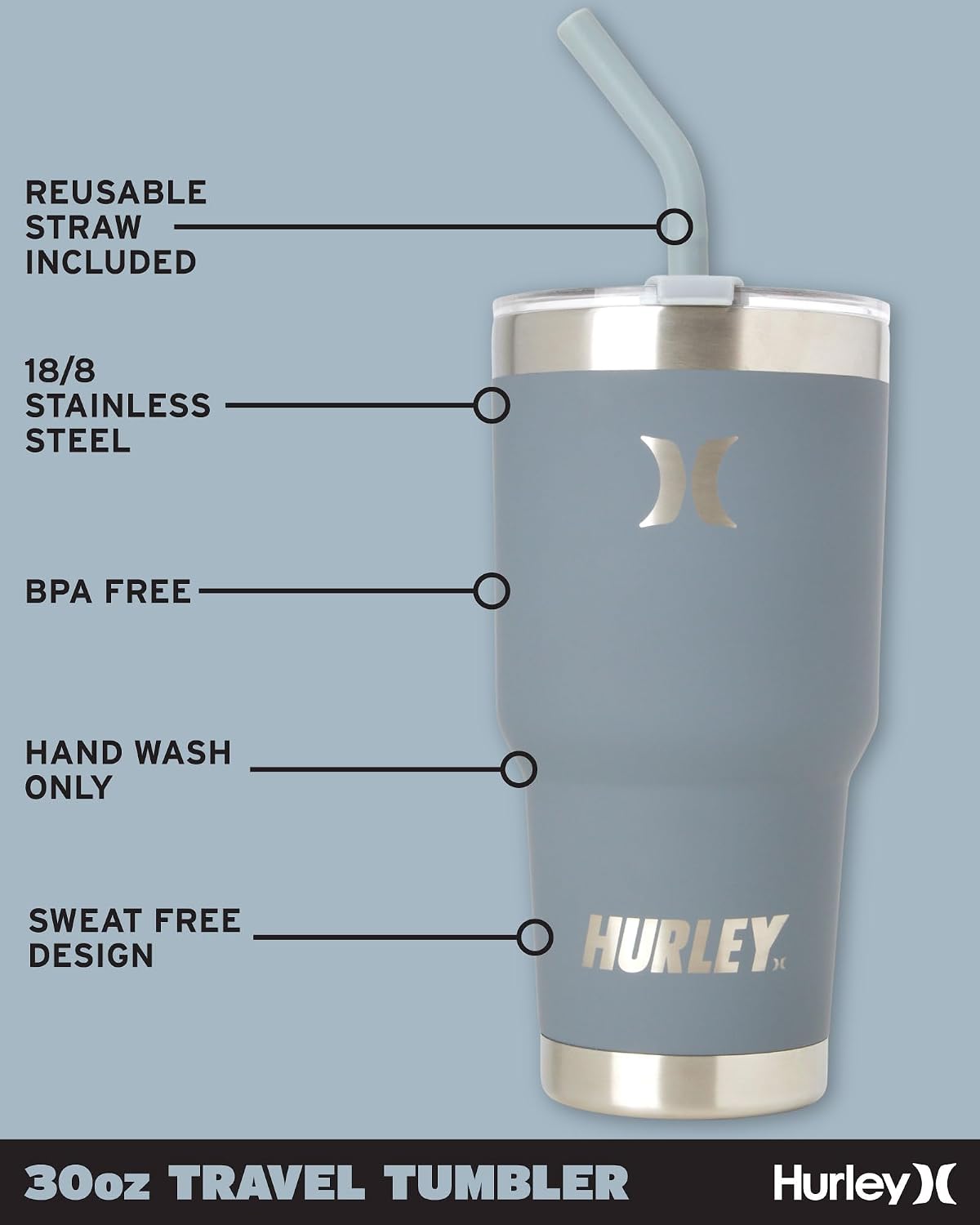 Hurley Tumbler Thermos – 30oz Double Wall Vacuum Insulated Travel Mug – BPA Free Stainless Steel Water Bottle – Leak Proof Hot and Cold Coffee Car Cup, Size 30 oz, Gray