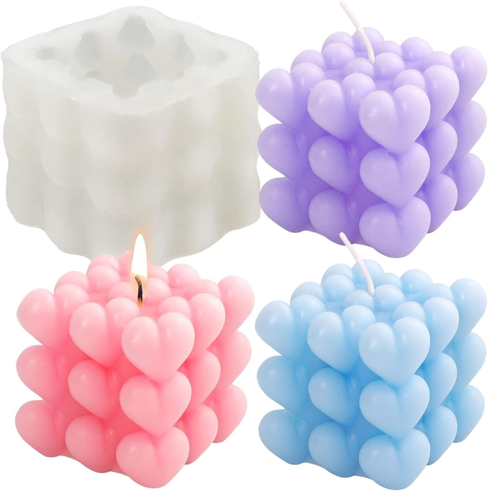 SOFTCREATO Heart Bubble Candle Mould Cube Silicone Candle Moulds for Casting Valentine's Day Heart Shape Candle Mould 3D Silicone Mould Candle Moulds for Scented Candle Crafts Ornaments Handmade Soap-image-6