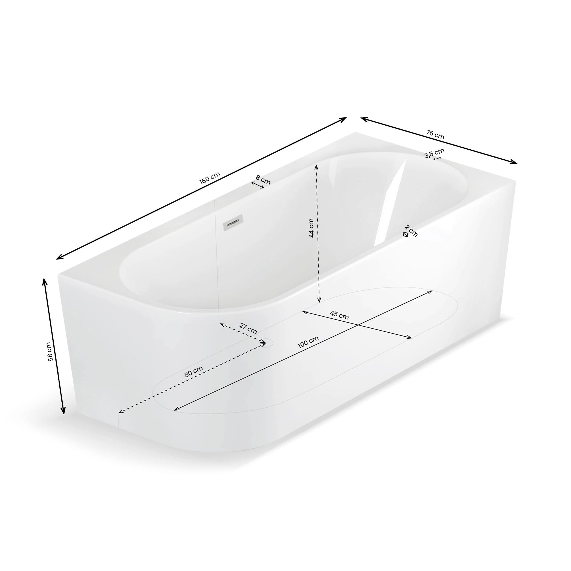 SPALINA CAPRI DROITE - Vasca freestanding a parete Destra L 160 x l 76 cm