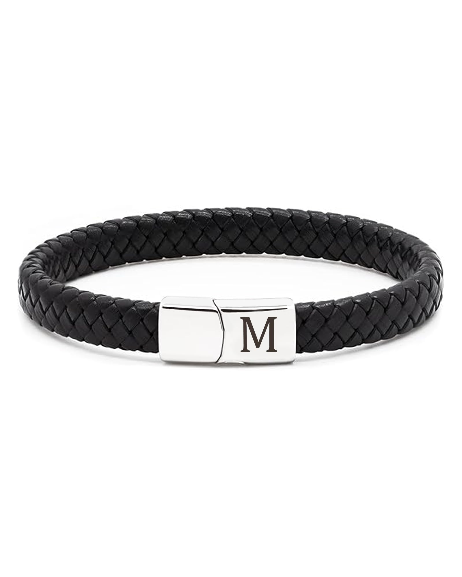 Lederarmband Herren Armband mit Buchstaben Gravur A-Z Buchstabe Armband Männer Schwarz Geflochten Leder Armbänder mit Magnetverschluss Vatertag Abitur Geburtstag Geschenke für Männer