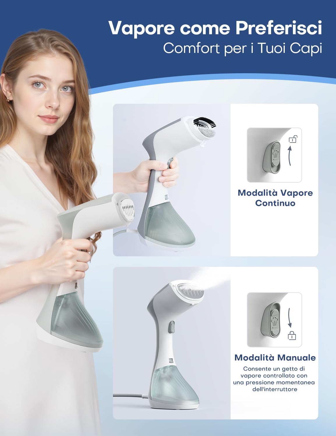 AROEVE Ferro da Stiro Verticale, 1300W Stiravapore Portatile, Serbatoio Grande da 260 ml, 2 Modalità Vapore, Compatto e Portatile per Casa, Ufficio, Viaggi – Rimuovi le Pieghe in Modo Efficiente