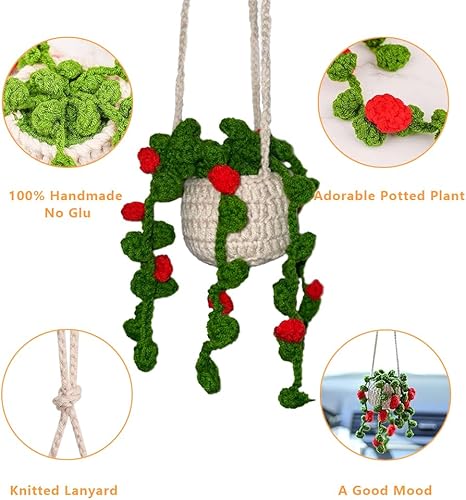 Miniatura 3 de Decoración montada en el coche, decoración colgante creativa hecha a mano de ganchillo clorofito comosum colgante de lana en maceta espejo