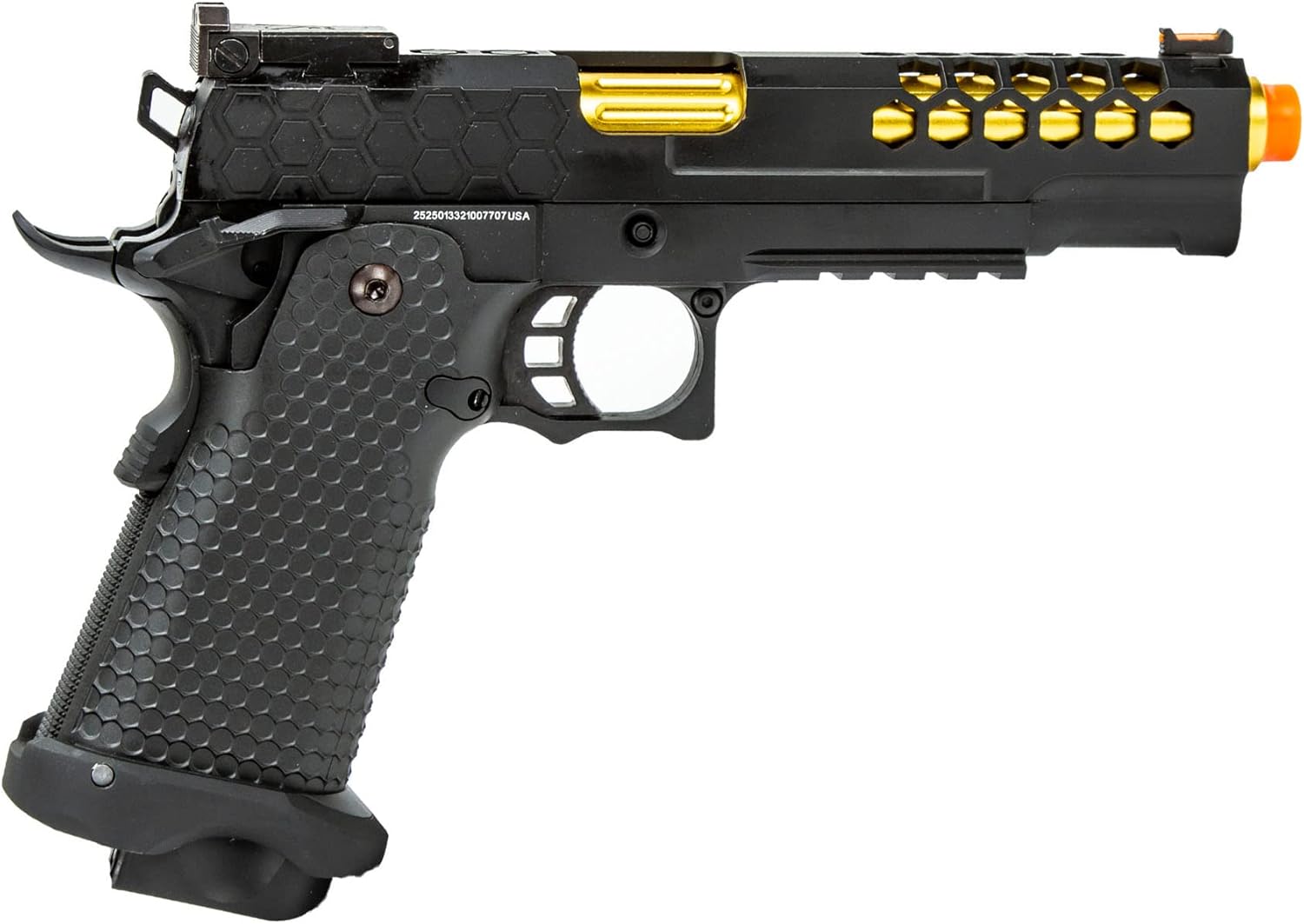 340 FPS Golden Ball x Eagle OTS .45 Hi-Capa Gas Blowback Airsoft Pistol w/Hive Vented Slide (Color: Black/Gold Barrel)