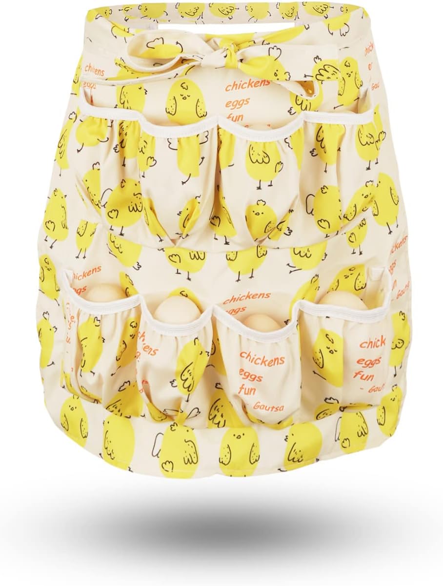 Egg Apron for Kid and Adult, Deep Pockets with Elastic Closure | Long Ties to Wrap Around and Tie In Front, Yellow Chick Printed, Egg Collect Gather Hold Apron