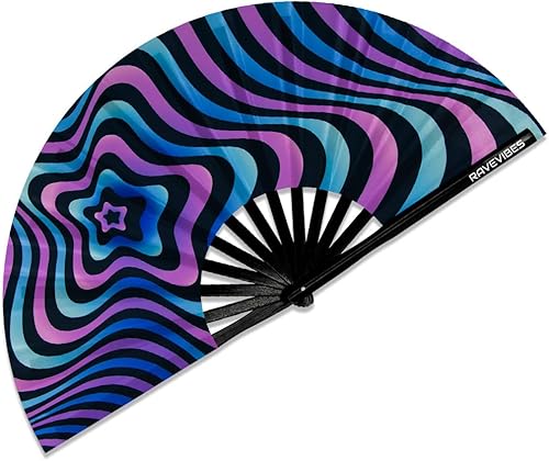 Miniatura 11 de Ravevibes Ventilador de mano plegable grande de 13 pulgadas, ventilador de bambú para festivales de bambú, ventiladores plegables con brillo UV para