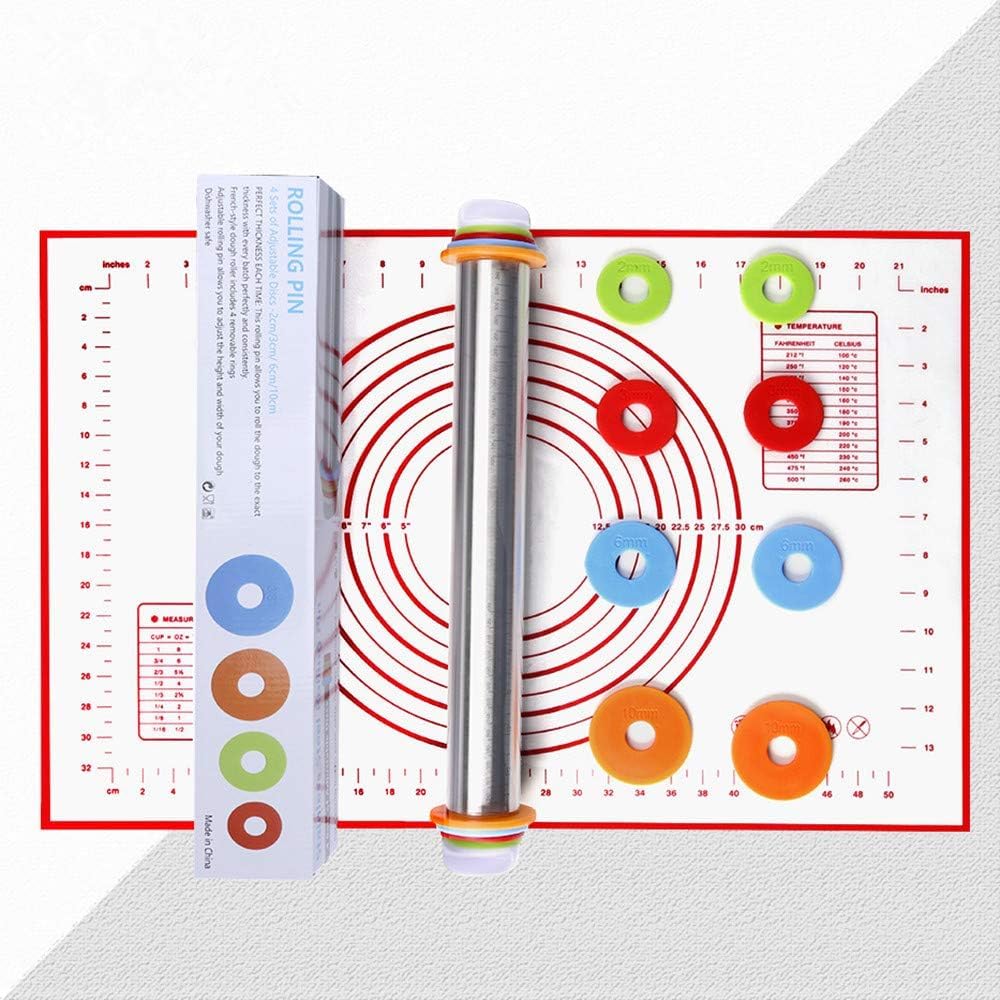 Pin regolabile non bastone rolling per torta con dischi e marcatori di misurazione, incluso tappetino in silicone Baking Mat, 40 x 6 cm Bakeware