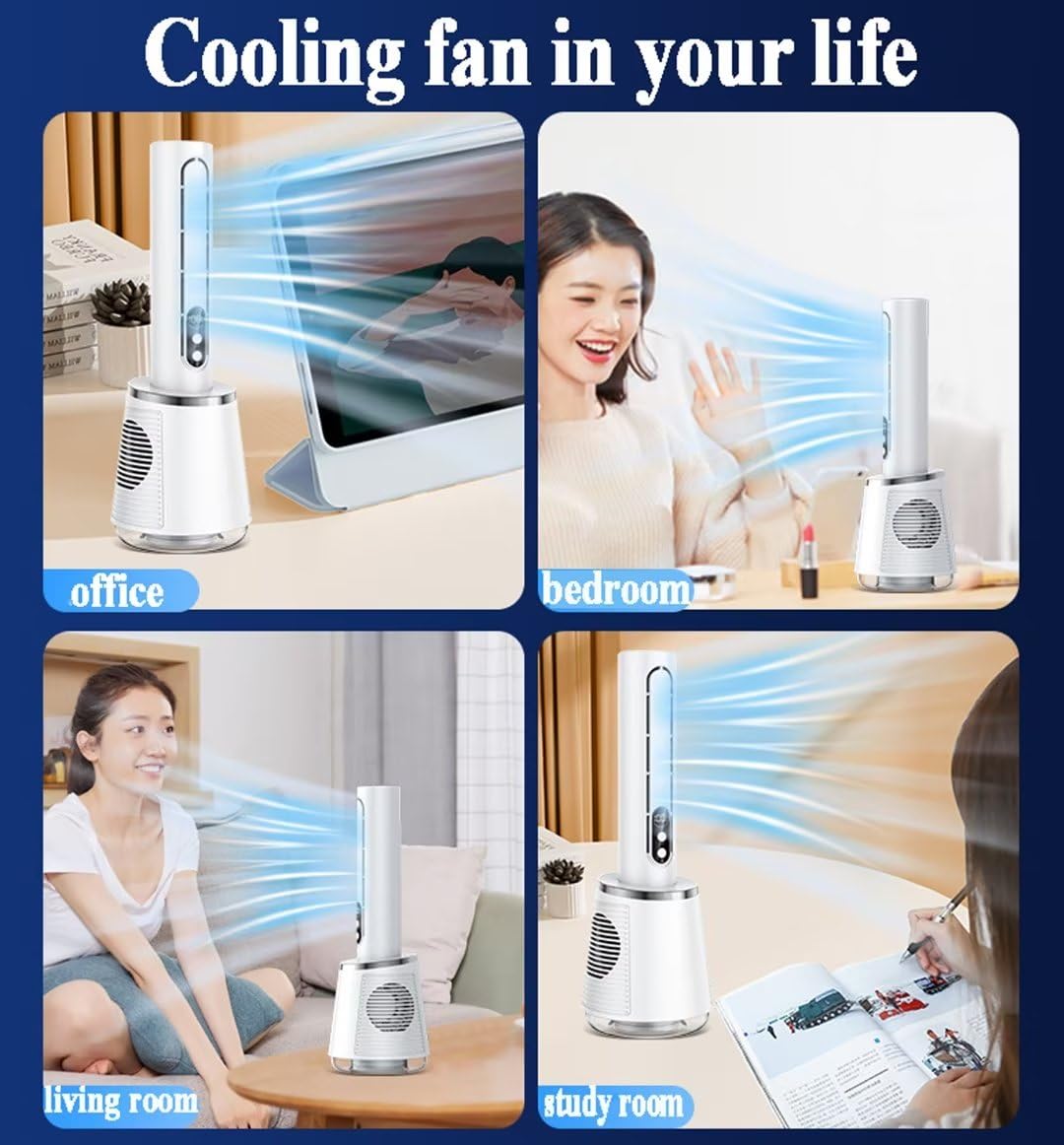 Ventilador eléctrico de escritorio, ventilador de torre de columna silenciosa con 5 velocidades, oscilación de 35°, ventilador personal USB para oficina en casa, diseño sin hojas, cabezal agitador