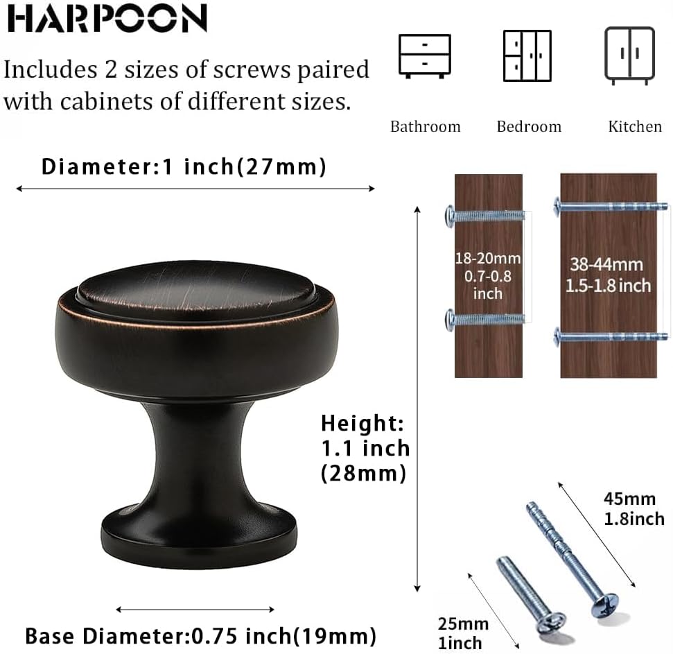 HARPOON 10 Pack Cabinet Knobs, Vintage Round Knob, Modern Pull Drawer Handle Wardrobe, 1 inch Single Hole, Oil Rubbed Bronze