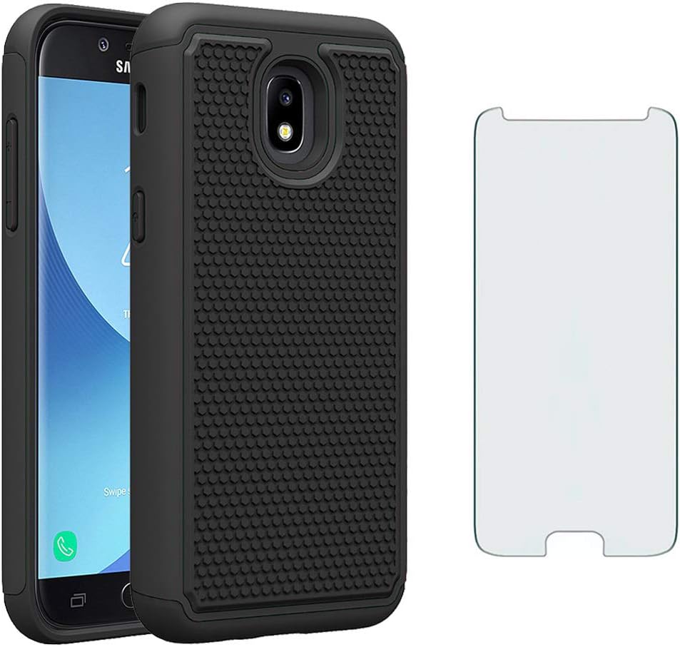 Phone Case for Samsung Galaxy J3 Orbit J 3 Star 2018 3J Achieve with Tempered Glass Screen Protector Cover Slim Cell Accessories Hard Rugged Glaxay J3V V 3rd Gen J337A J337V J337 Cases Men Black