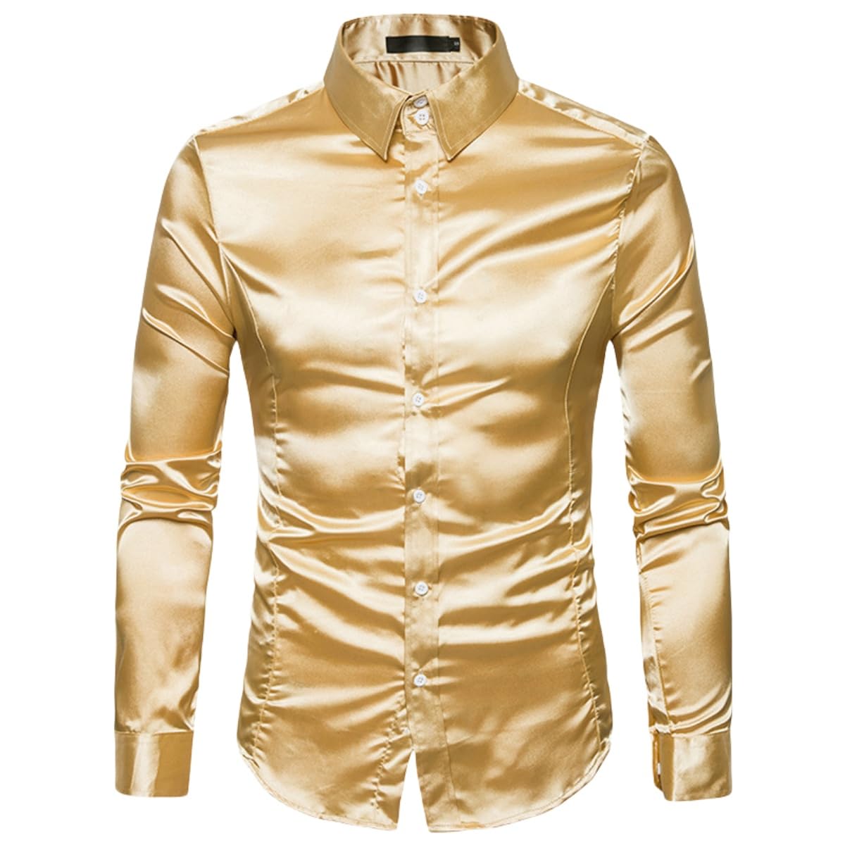 Camicia da uomo, camicia a maniche lunghe in raso lucido come seta, camicia a maniche lunghe con bottoni, camicia da smoking liscia senza pieghe, tinta unita, camicette casual per danza, discoteca