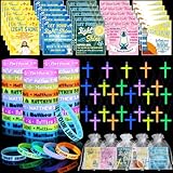 Equsion 100 Pcs Glow in Dark Christian Religious Jesus Gifts Sets Let Your Light Shine Silicone Bracelets Bible Verse Cards Crystal Cross Necklace Bags for Baptism Party Trunk Easter Stuffed Gifts