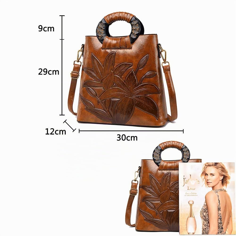 Bolso de Mano con Bandolera per Mujer Bolsos Mango de Madera Estampado de Flores de Clásico Bolso de Hombro Marrón
