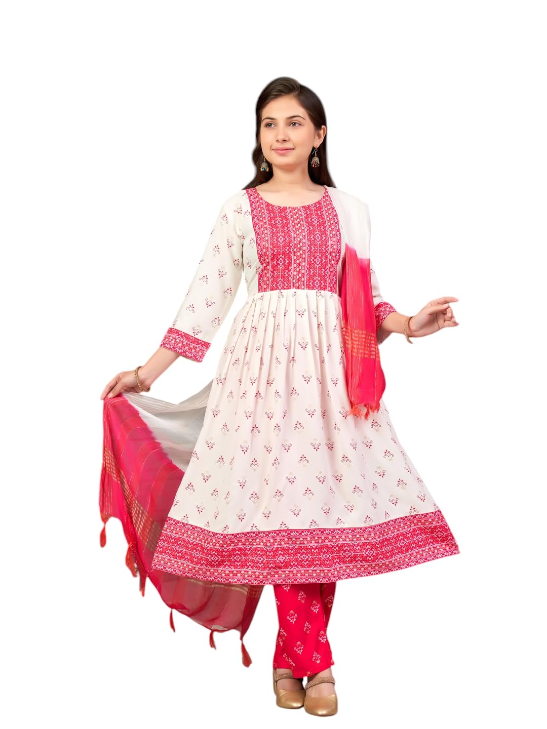 Aarika Girls Ethnic Wear Cream Rani Colour Foil Print Rayon Kurti-8-15 Years (Kurti-Ap-802)