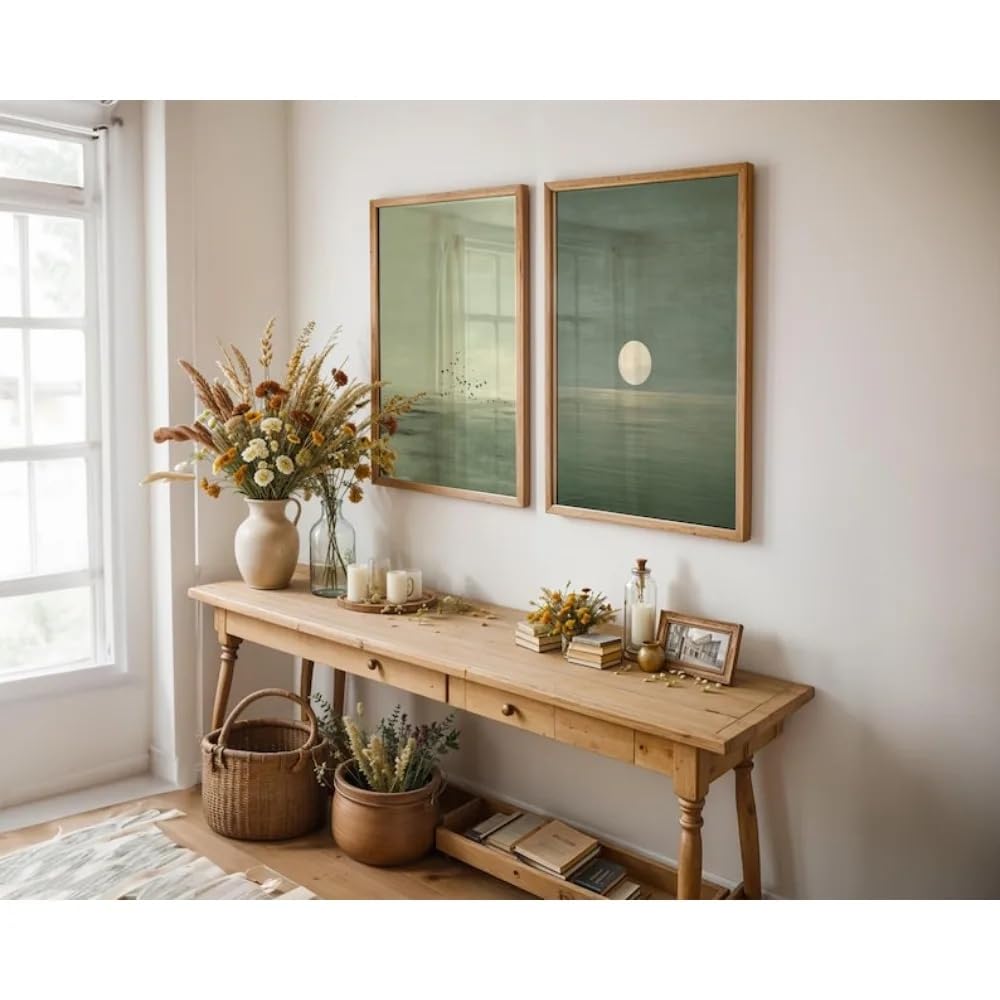 Wall Art, Simple Sage Green Sunset Print Scandinavian Zen Decoration Abstract Landscape Bohemian Office Home Interior(40x50cm-2pcs)