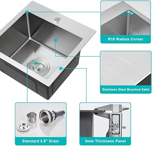 Miniatura 4 de Fregadero de cocina pequeño de acero inoxidable con caída de 20 pulgadas, níquel cepillado, 20 pulgadas de profundidad x 16 pulgadas de ancho x 9