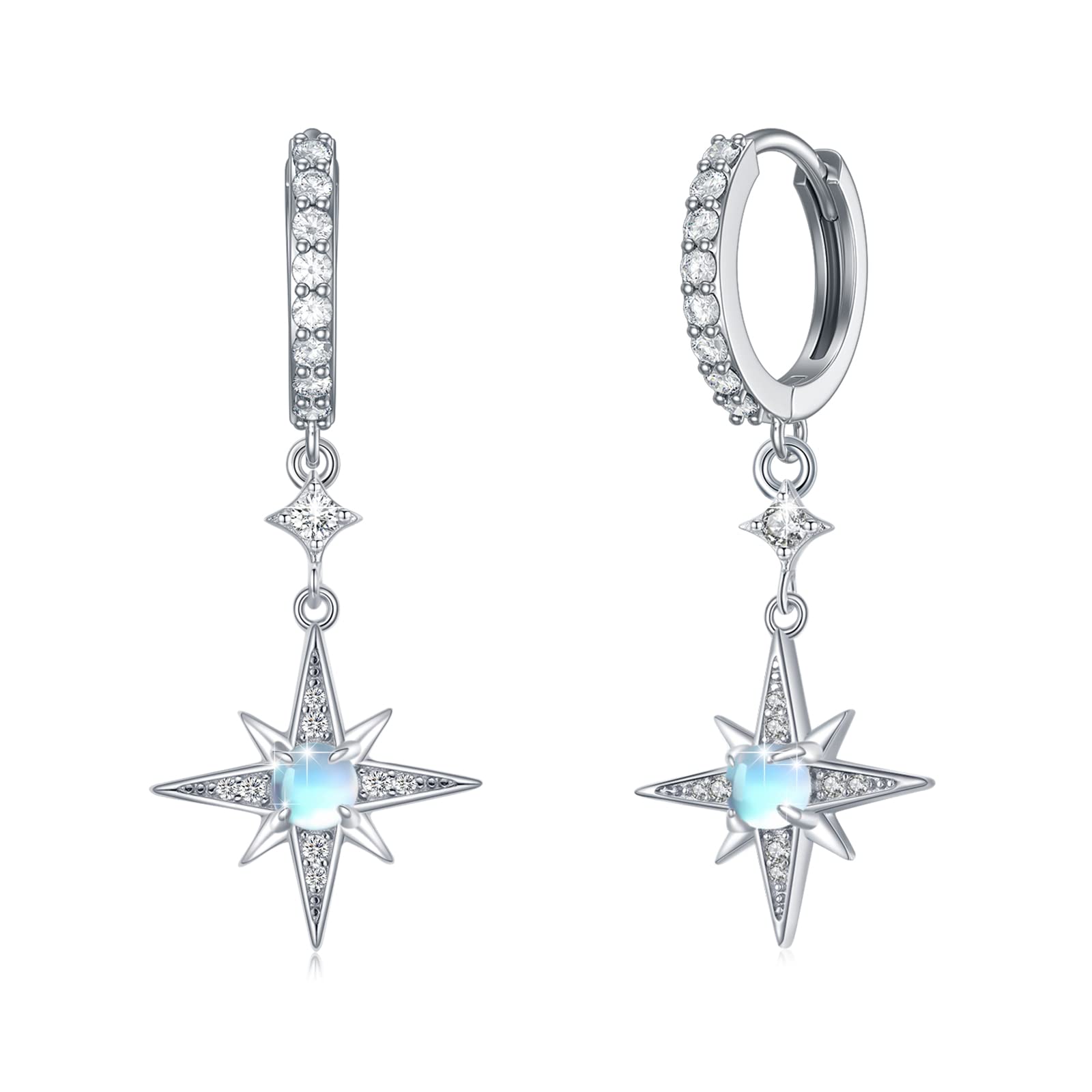 Star Earrings for Women 925 Sterling Silver Star Dangling Drop Earrings with Moonstone/Zircon Jewelry Gifts for Women