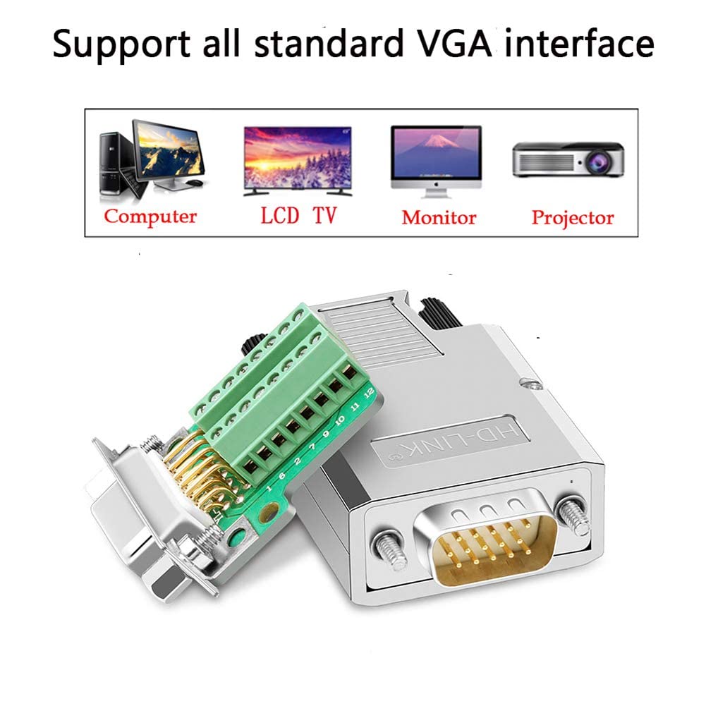 2 unids VGA DB15 adaptador hembra macho de 3 filas, 0.630 in más delgado 3+9 D-SUB 15 pin terminal de puerto sin soldadura placa conector con carcasa de metal pernos largos tubo de cola 8