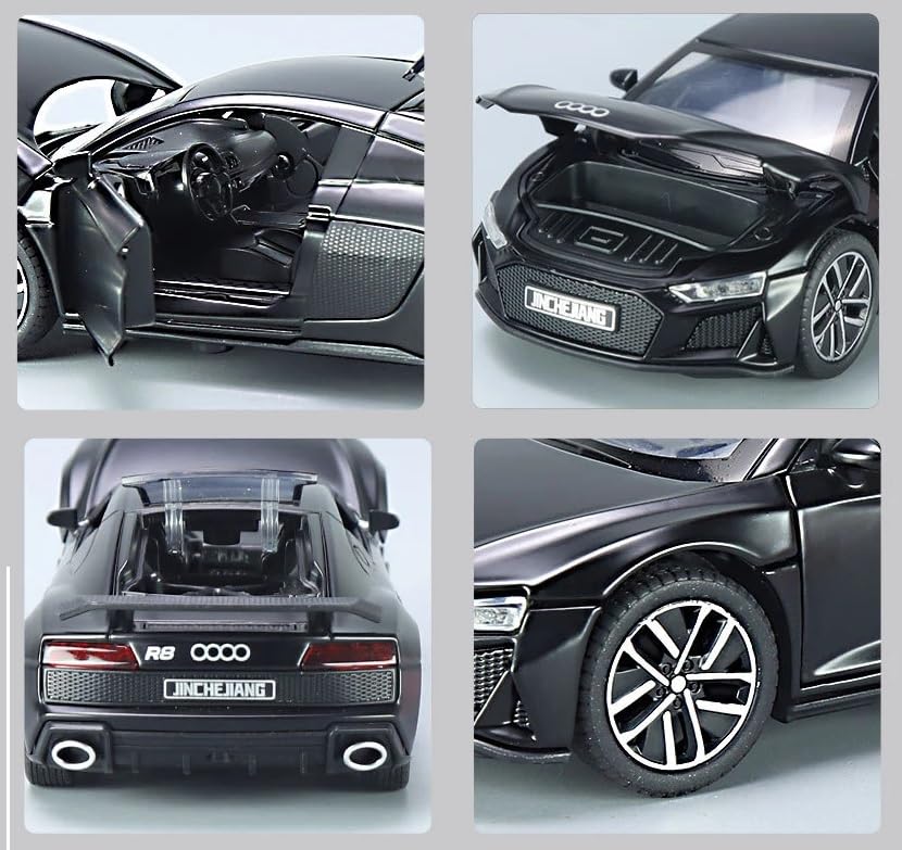 Image of 1:32 Scale Audi R8 Die-Cast Car - Alloy Pull Back Toy Vehicle with Lights, Engine Sounds & Openable Doors - Metal Sports Car Model for Boys, Kids & Collectors (Color as per Stock)